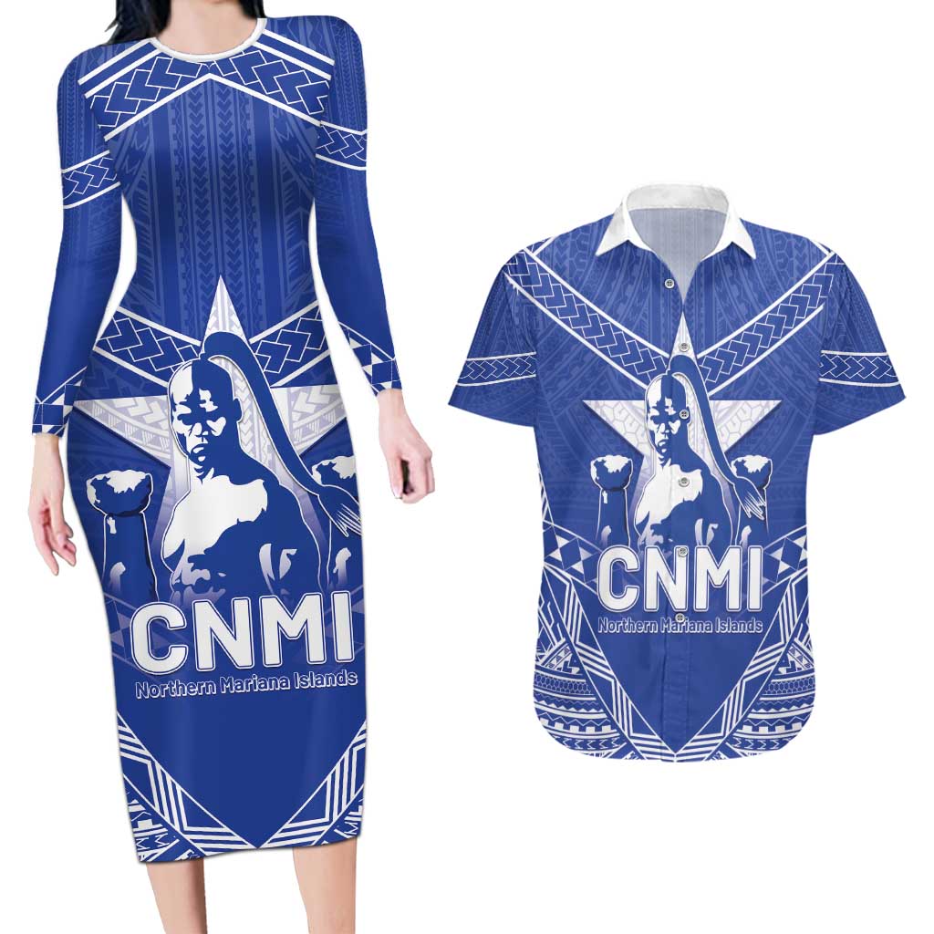 Northern Mariana Islands Couples Matching Long Sleeve Bodycon Dress and Hawaiian Shirt Chamorro Warrior Tribal Pattern LT05 Blue - Polynesian Pride