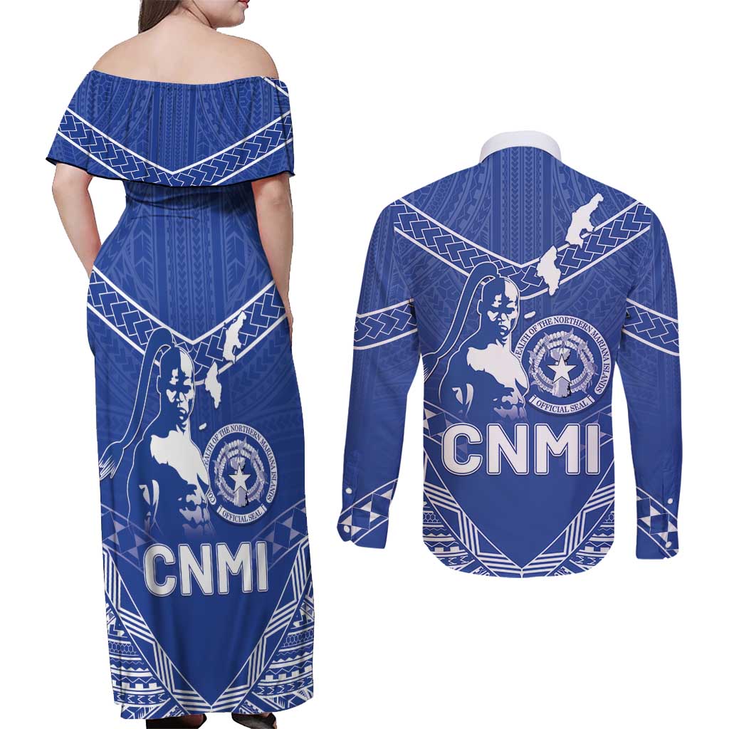 Northern Mariana Islands Couples Matching Off Shoulder Maxi Dress and Long Sleeve Button Shirt Chamorro Warrior Tribal Pattern