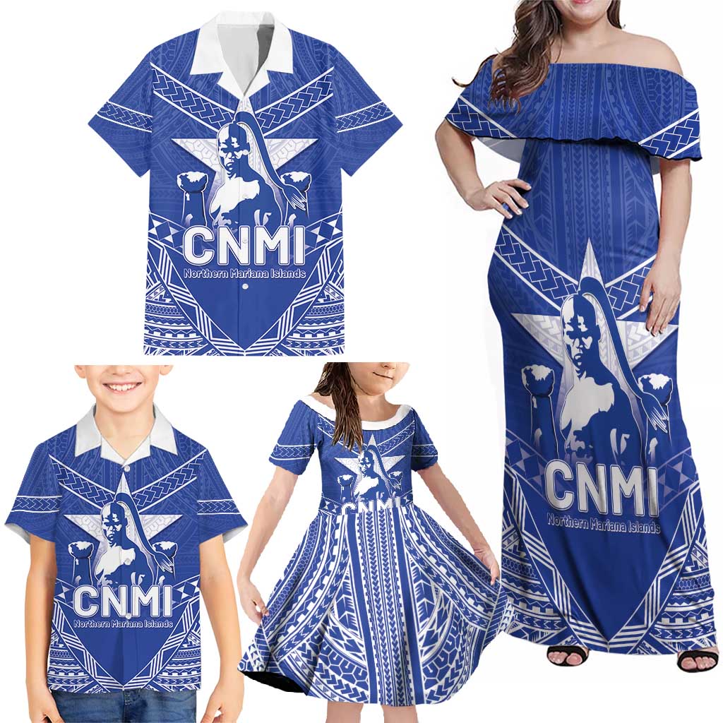 Northern Mariana Islands Family Matching Off Shoulder Maxi Dress and Hawaiian Shirt Chamorro Warrior Tribal Pattern LT05 - Polynesian Pride