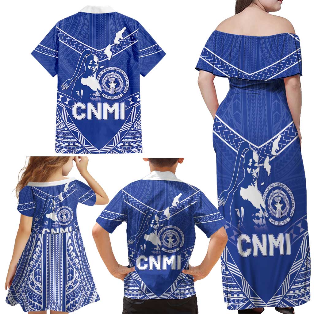 Northern Mariana Islands Family Matching Off Shoulder Maxi Dress and Hawaiian Shirt Chamorro Warrior Tribal Pattern LT05 - Polynesian Pride