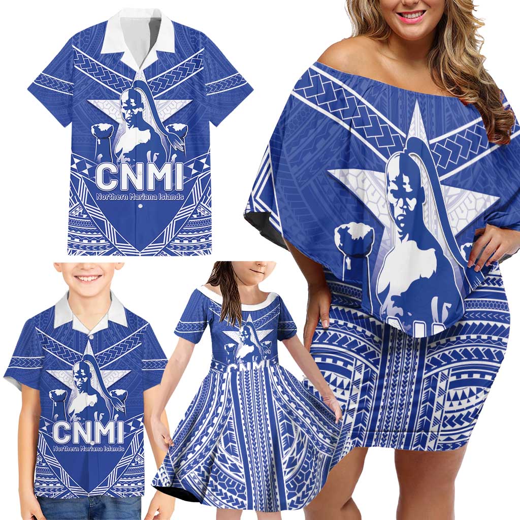 Northern Mariana Islands Family Matching Off Shoulder Short Dress and Hawaiian Shirt Chamorro Warrior Tribal Pattern LT05 - Polynesian Pride