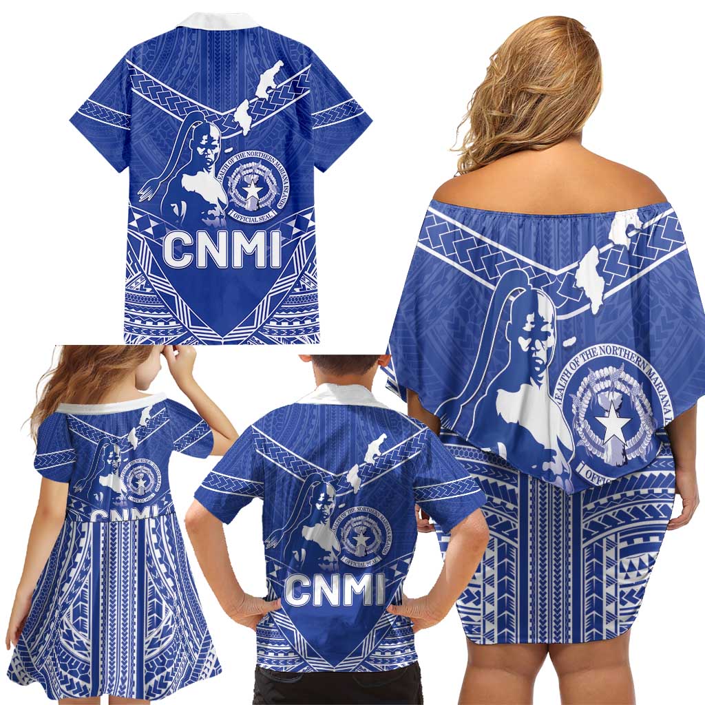 Northern Mariana Islands Family Matching Off Shoulder Short Dress and Hawaiian Shirt Chamorro Warrior Tribal Pattern LT05 - Polynesian Pride