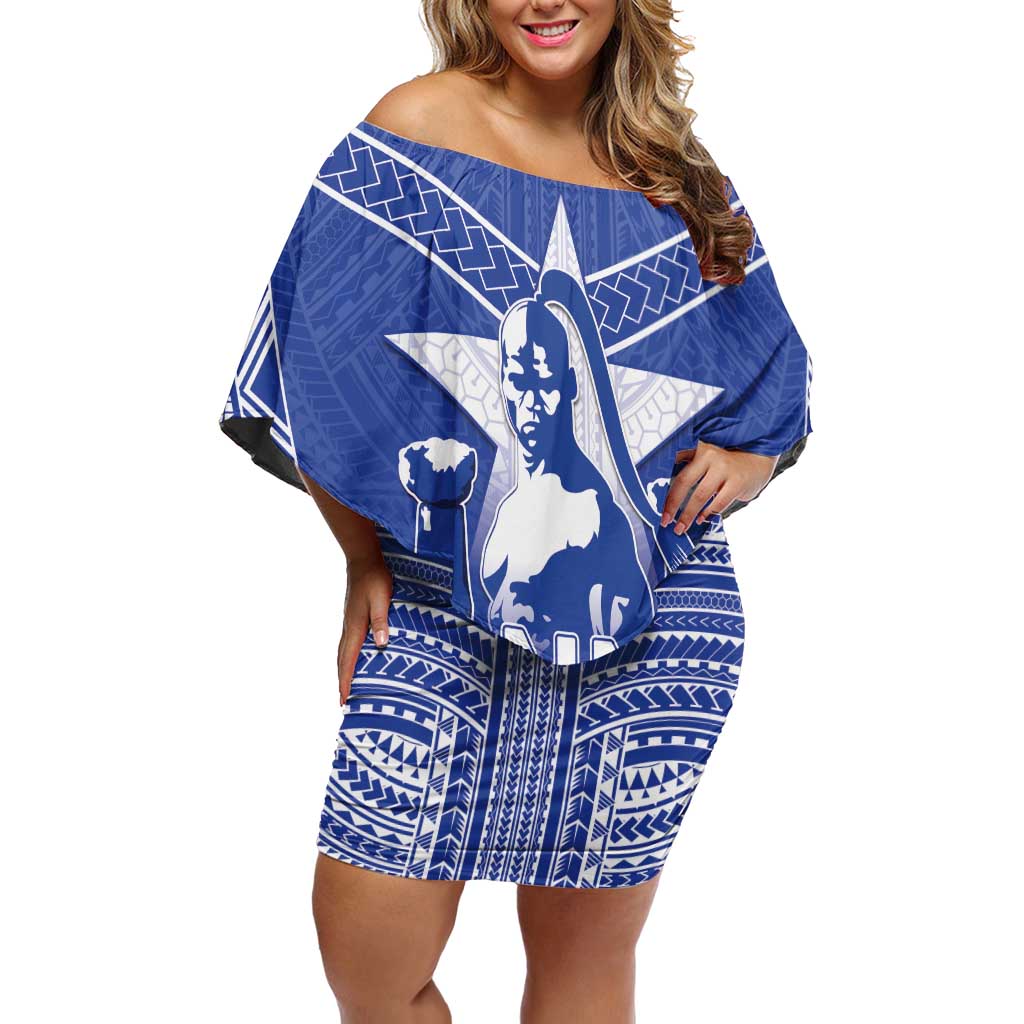 Northern Mariana Islands Family Matching Off Shoulder Short Dress and Hawaiian Shirt Chamorro Warrior Tribal Pattern LT05 Mom's Dress Blue - Polynesian Pride