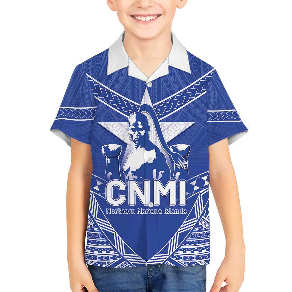 Northern Mariana Islands Family Matching Off Shoulder Short Dress and Hawaiian Shirt Chamorro Warrior Tribal Pattern LT05 Son's Shirt Blue - Polynesian Pride