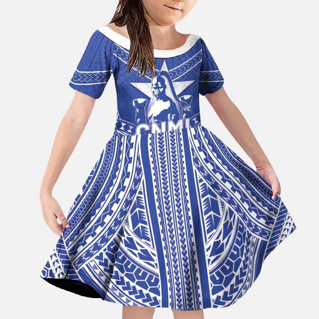 Northern Mariana Islands Family Matching Short Sleeve Bodycon Dress and Hawaiian Shirt Chamorro Warrior Tribal Pattern LT05 Daughter's Dress Blue - Polynesian Pride