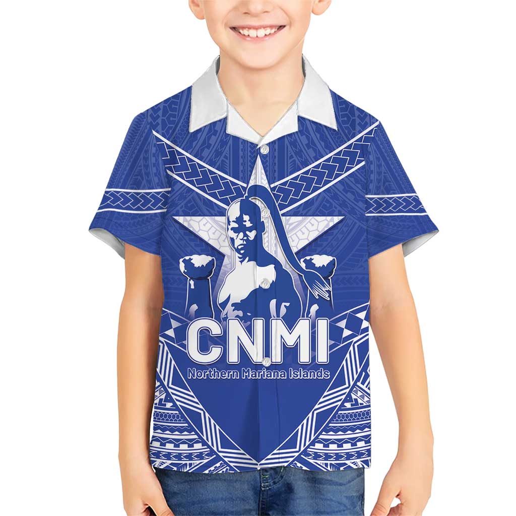 Northern Mariana Islands Family Matching Short Sleeve Bodycon Dress and Hawaiian Shirt Chamorro Warrior Tribal Pattern LT05 Son's Shirt Blue - Polynesian Pride