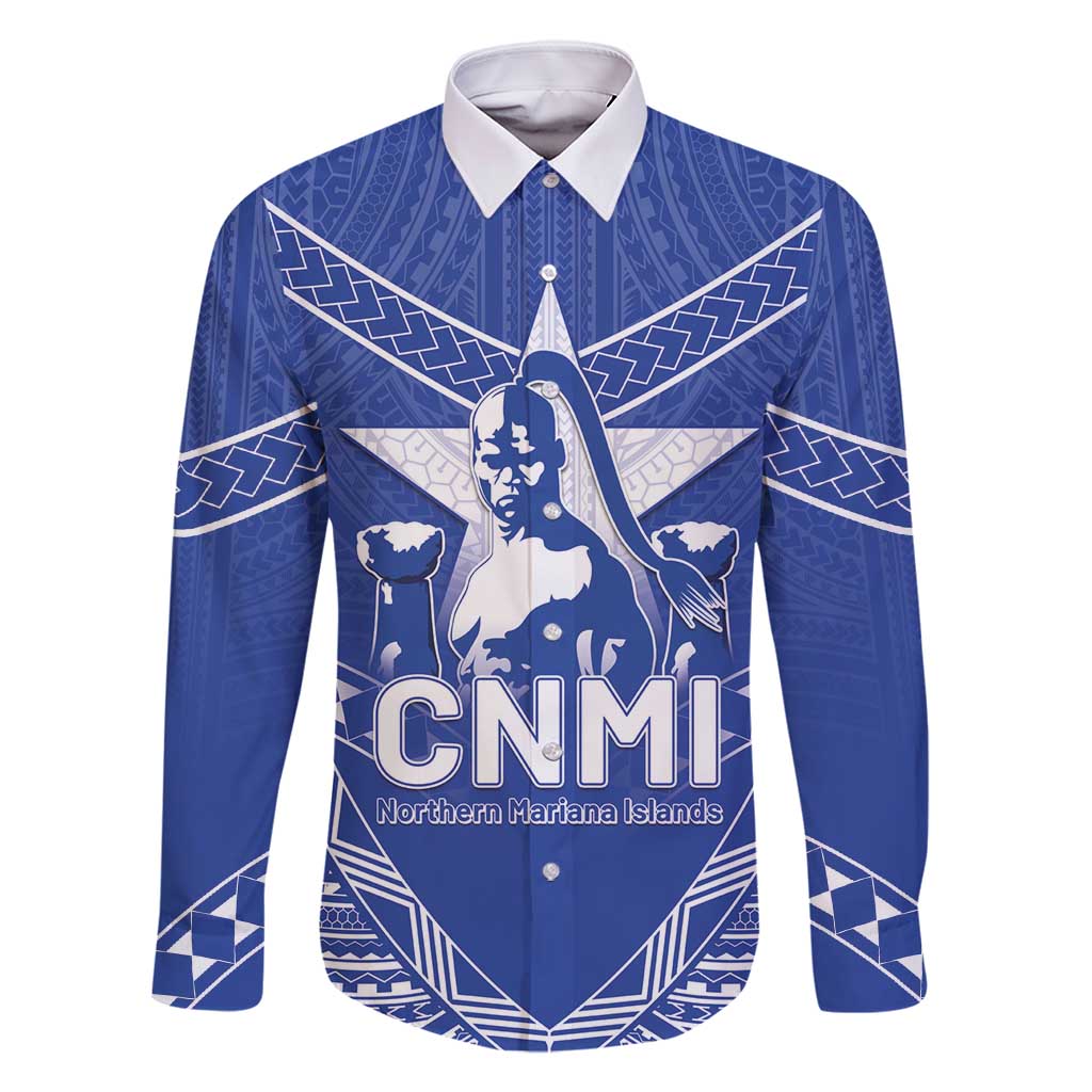 Northern Mariana Islands Family Matching Summer Maxi Dress and Hawaiian Shirt Chamorro Warrior Tribal Pattern LT05 Dad's Shirt - Long Sleeve Blue - Polynesian Pride