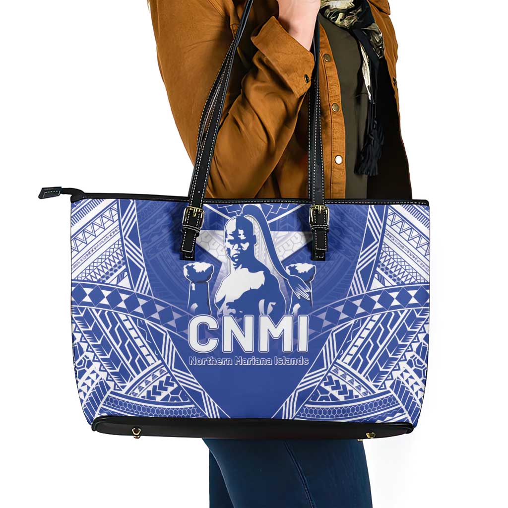 Northern Mariana Islands Leather Tote Bag Chamorro Warrior Tribal Pattern