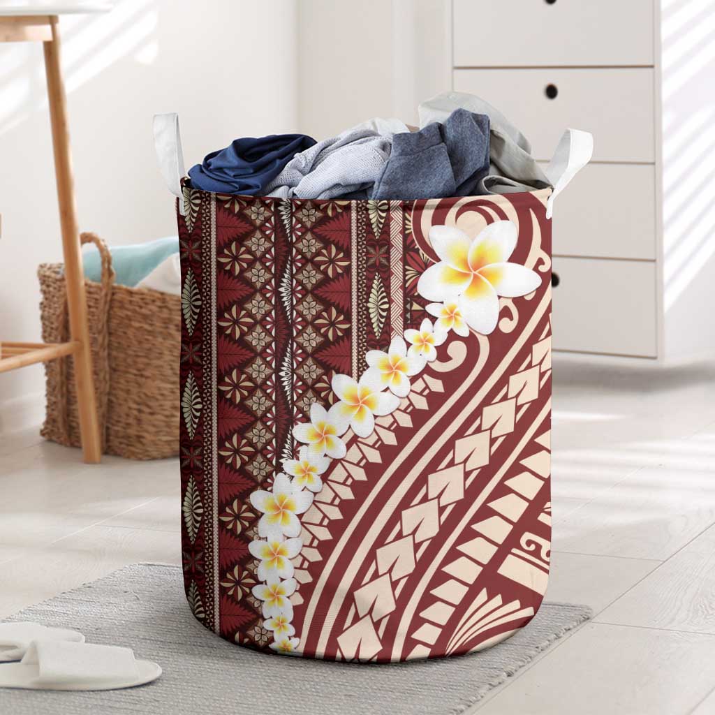 Red Vintage Tonga Ngatu Pattern With Plumeria Laundry Basket - Polynesian Pride