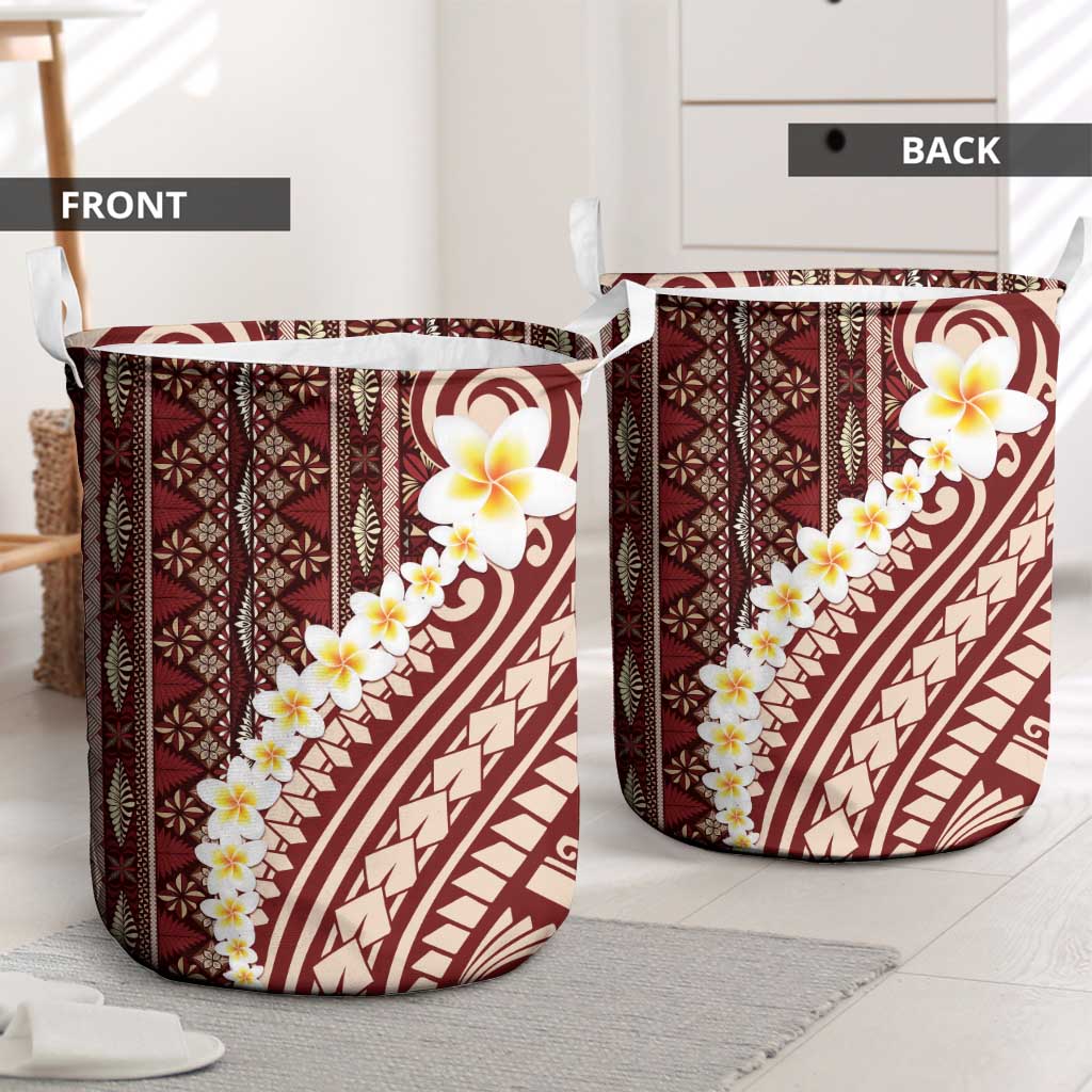 Red Vintage Tonga Ngatu Pattern With Plumeria Laundry Basket - Polynesian Pride