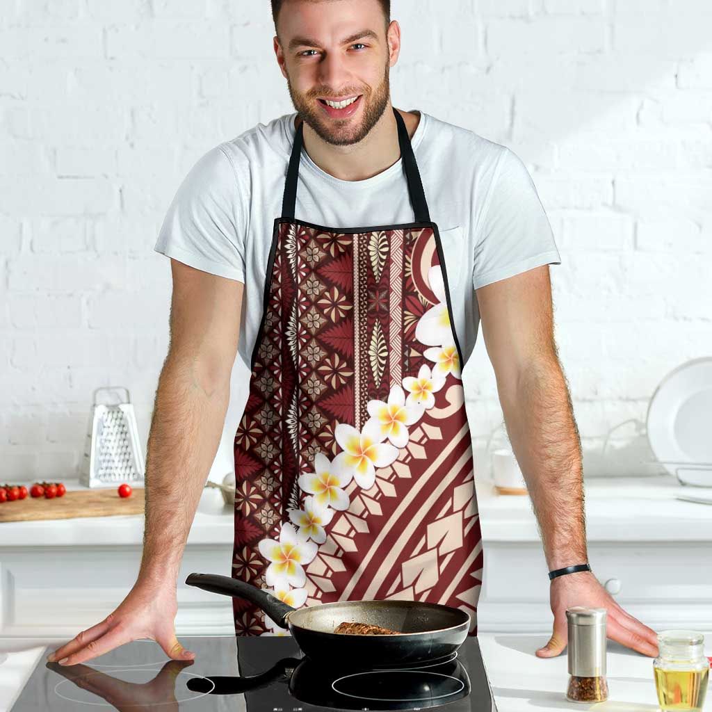 Red Vintage Tonga Ngatu Pattern With Plumeria Apron - Polynesian Pride