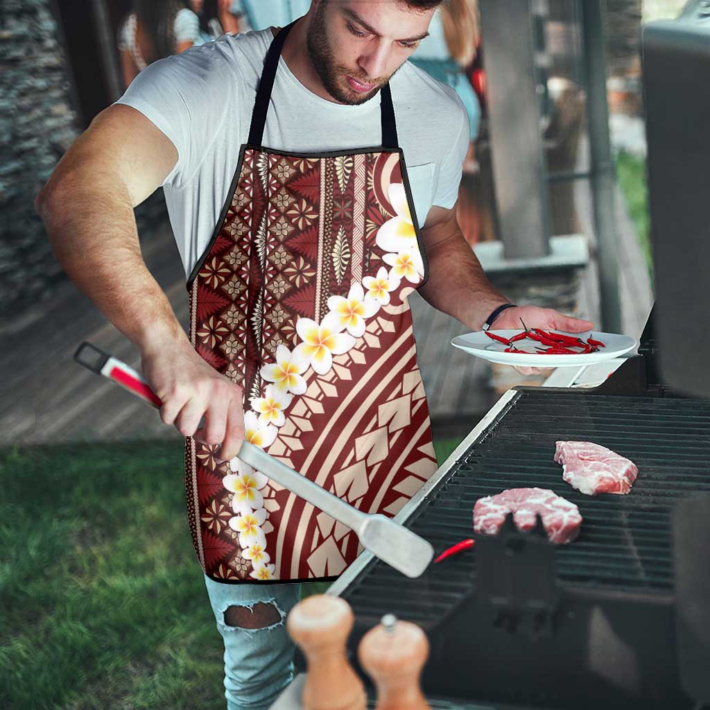 Red Vintage Tonga Ngatu Pattern With Plumeria Apron - Polynesian Pride