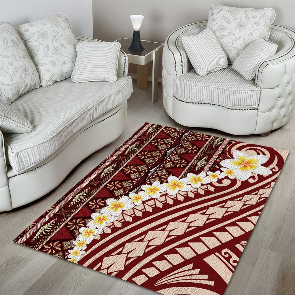 Red Vintage Tonga Ngatu Pattern With Plumeria Area Rug - Polynesian Pride