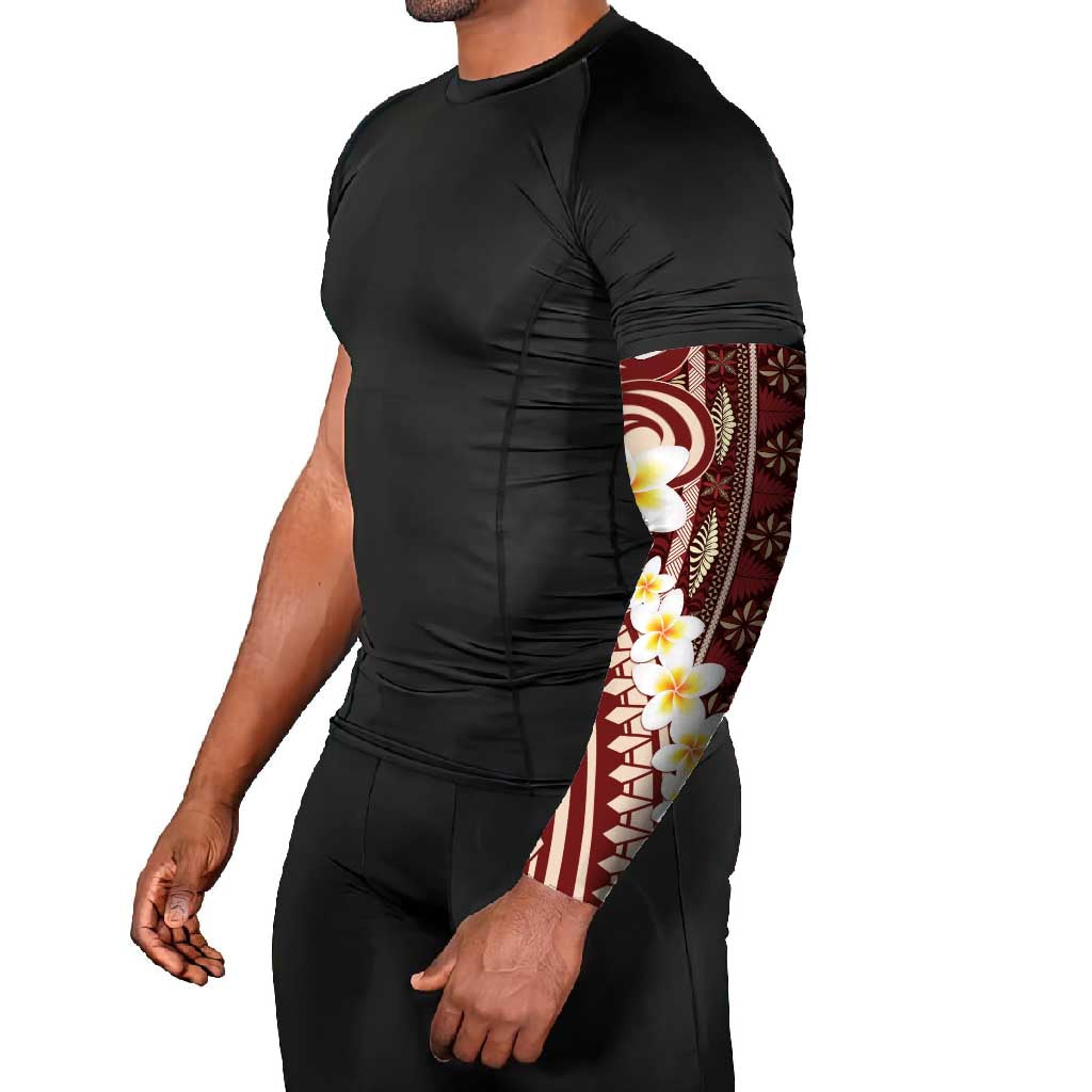 Red Vintage Tonga Ngatu Pattern With Plumeria Arm Sleeves - Polynesian Pride