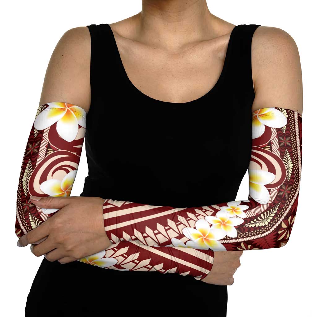 Red Vintage Tonga Ngatu Pattern With Plumeria Arm Sleeves - Polynesian Pride