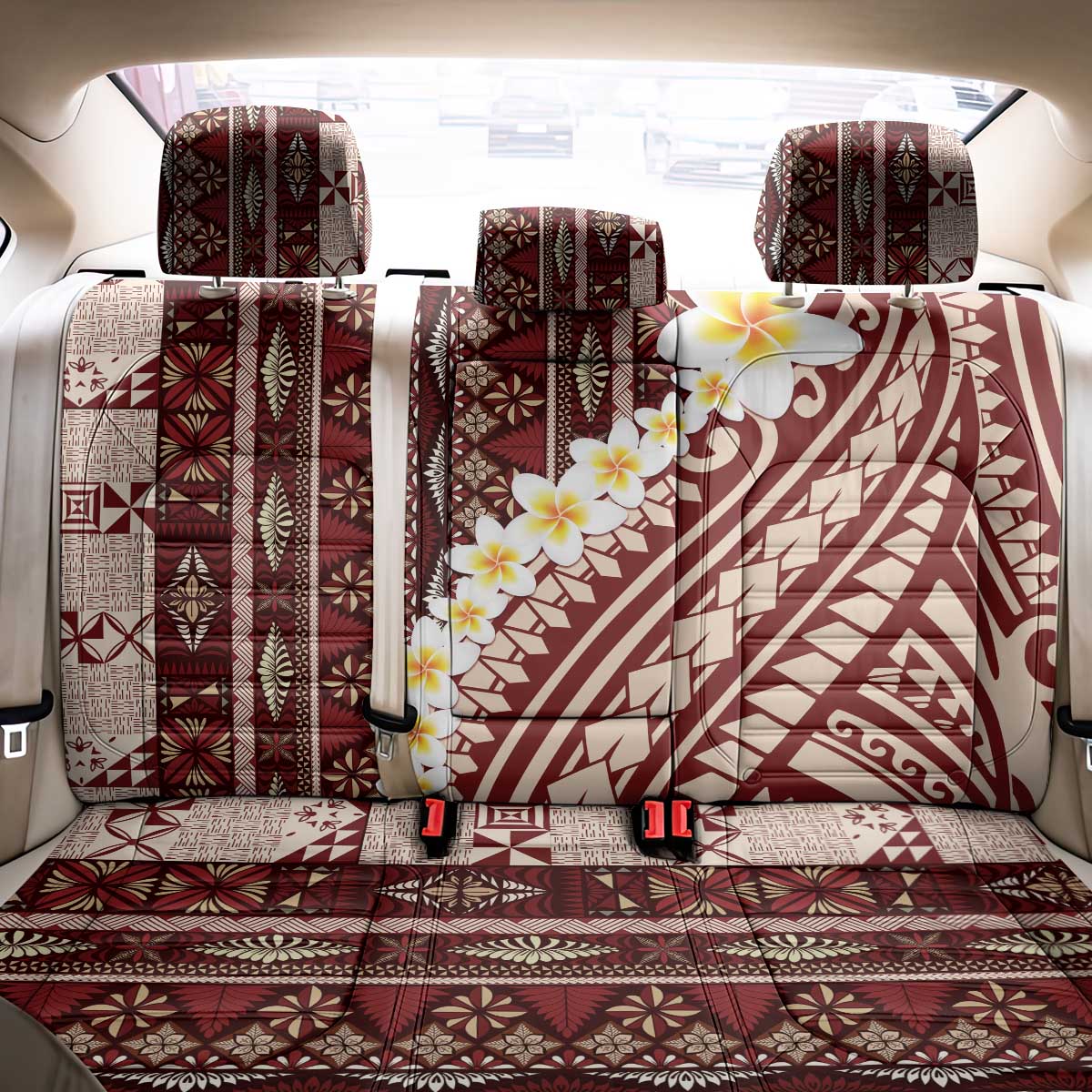Red Vintage Tonga Ngatu Pattern With Plumeria Back Car Seat Cover - Polynesian Pride