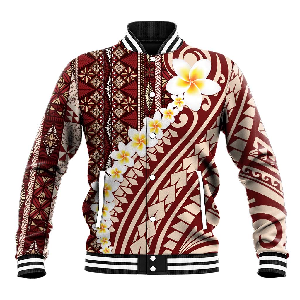 Red Vintage Tonga Ngatu Pattern With Plumeria Baseball Jacket - Polynesian Pride