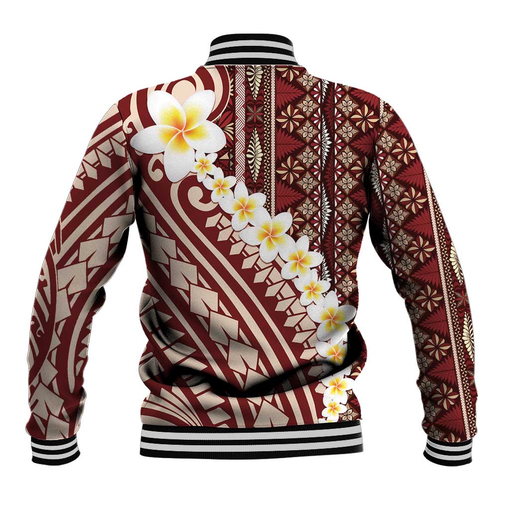 Red Vintage Tonga Ngatu Pattern With Plumeria Baseball Jacket - Polynesian Pride