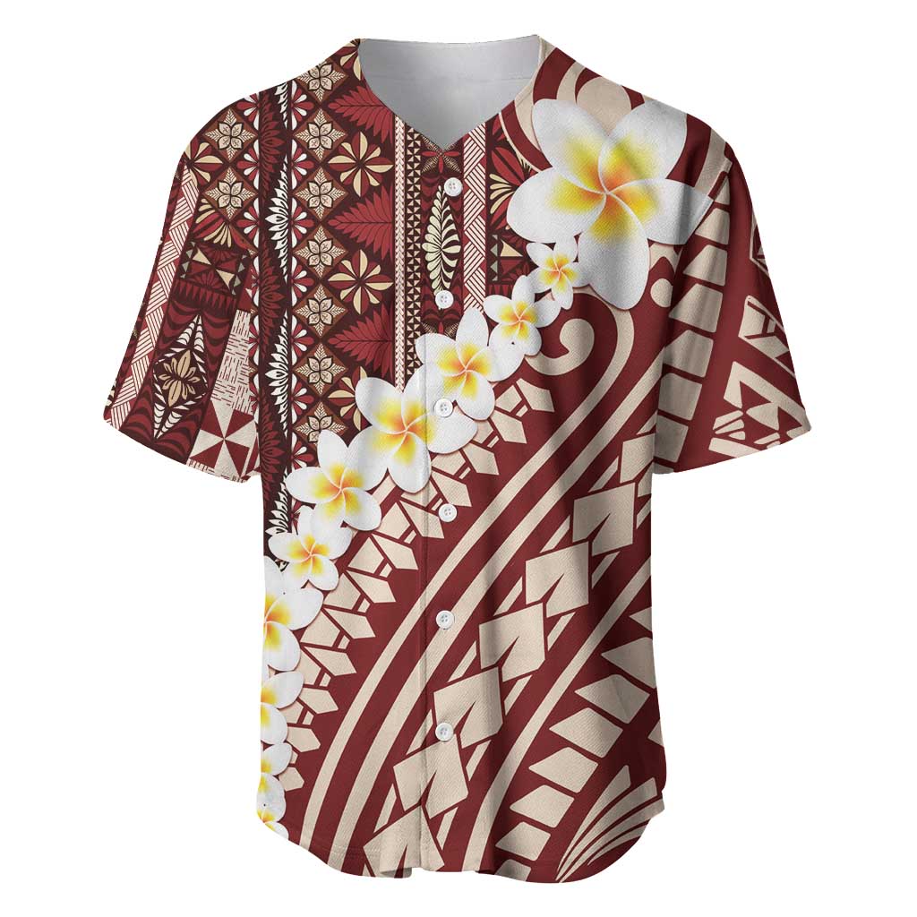 Red Vintage Tonga Ngatu Pattern With Plumeria Baseball Jersey - Polynesian Pride