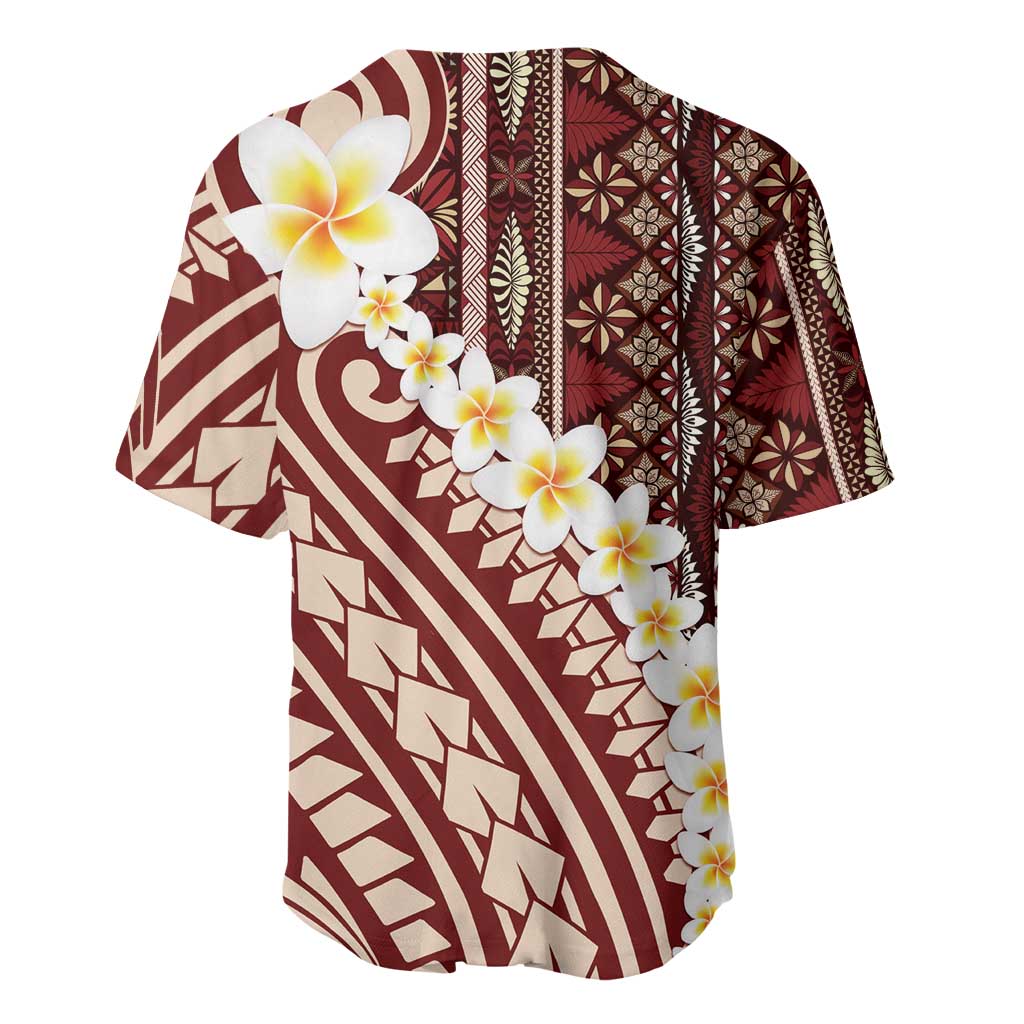 Red Vintage Tonga Ngatu Pattern With Plumeria Baseball Jersey - Polynesian Pride