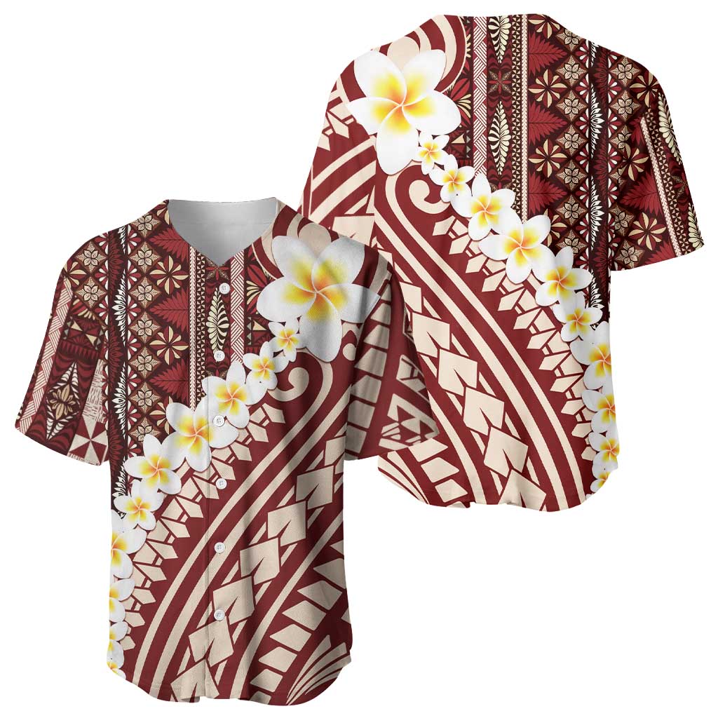 Red Vintage Tonga Ngatu Pattern With Plumeria Baseball Jersey - Polynesian Pride