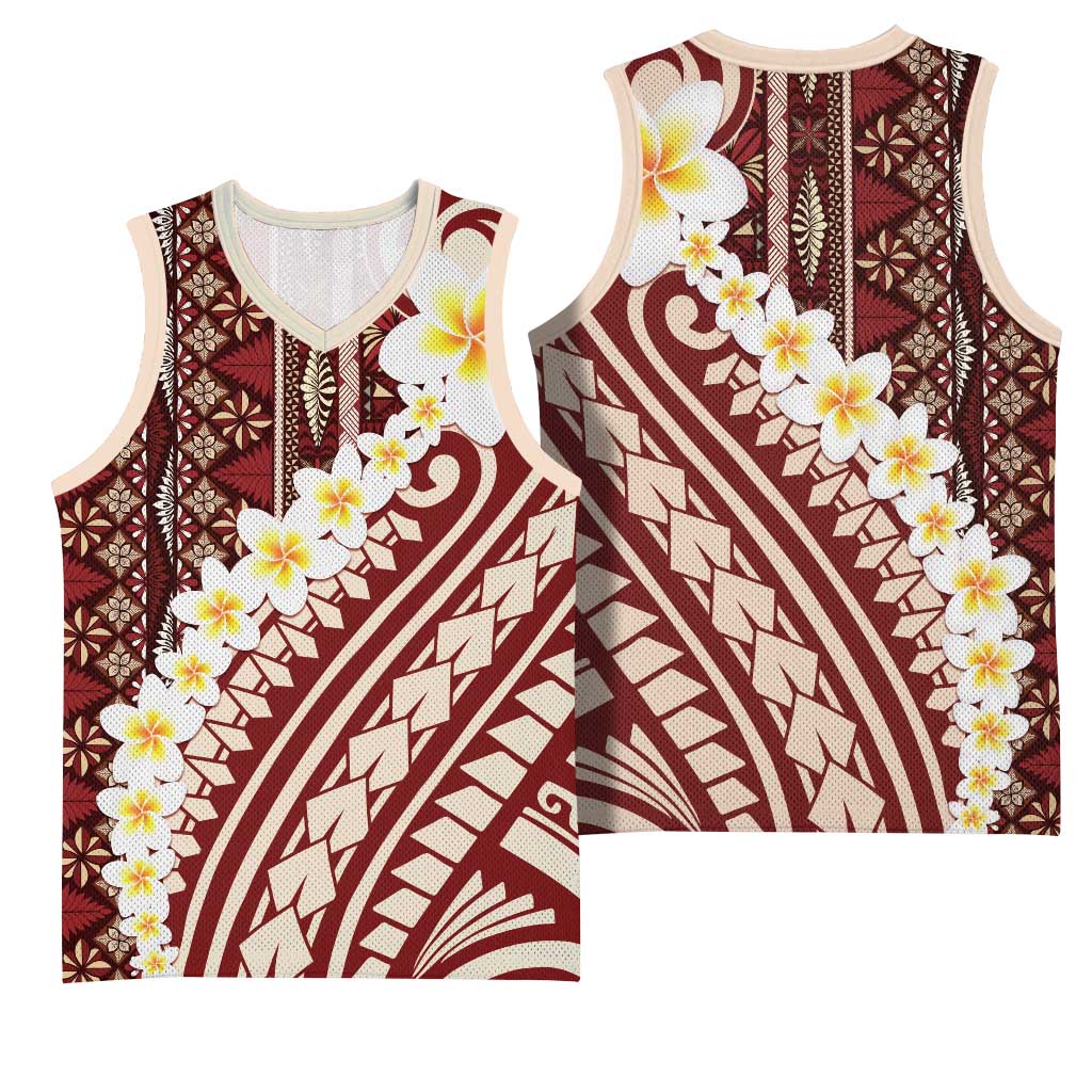 Red Vintage Tonga Ngatu Pattern With Plumeria Basketball Jersey - Polynesian Pride