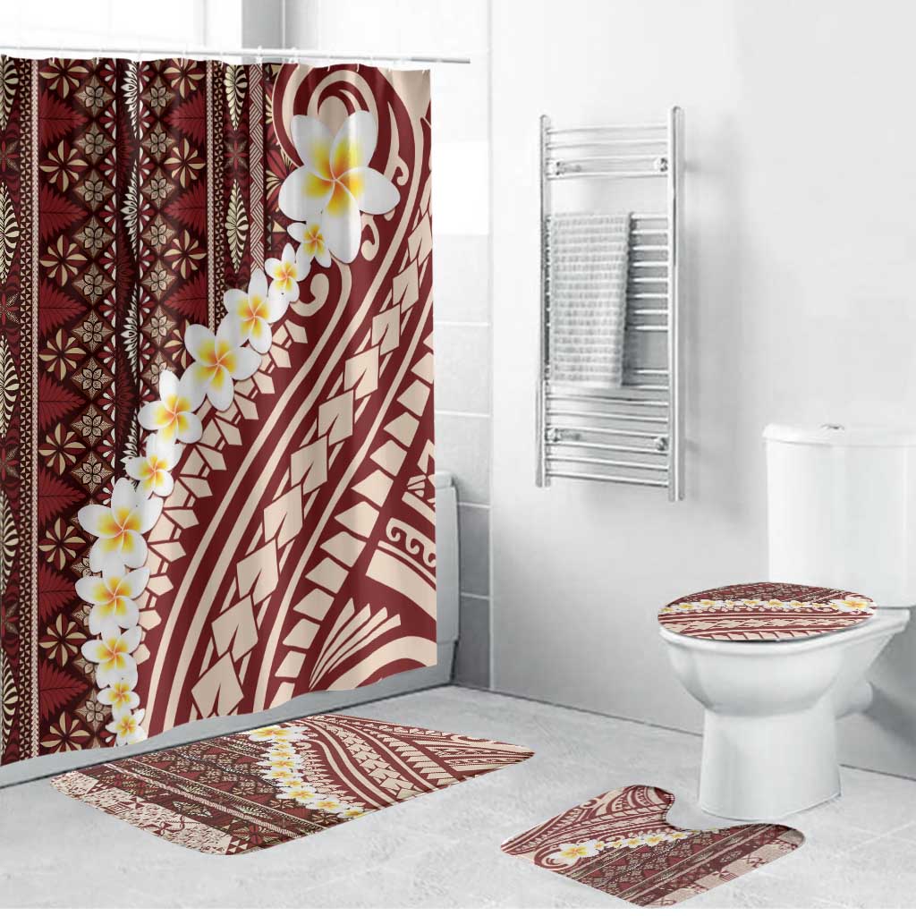 Red Vintage Tonga Ngatu Pattern With Plumeria Bathroom Set - Polynesian Pride