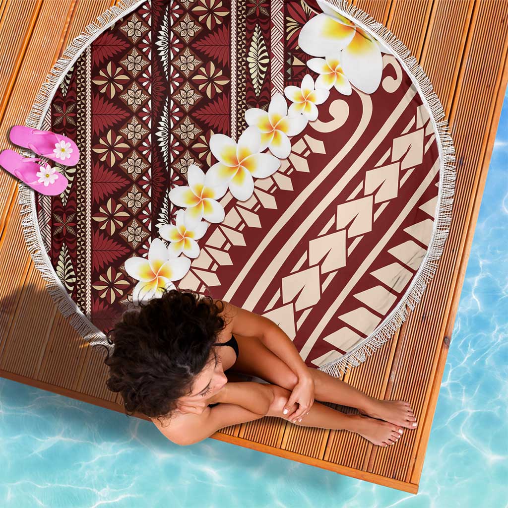 Red Vintage Tonga Ngatu Pattern With Plumeria Beach Blanket - Polynesian Pride