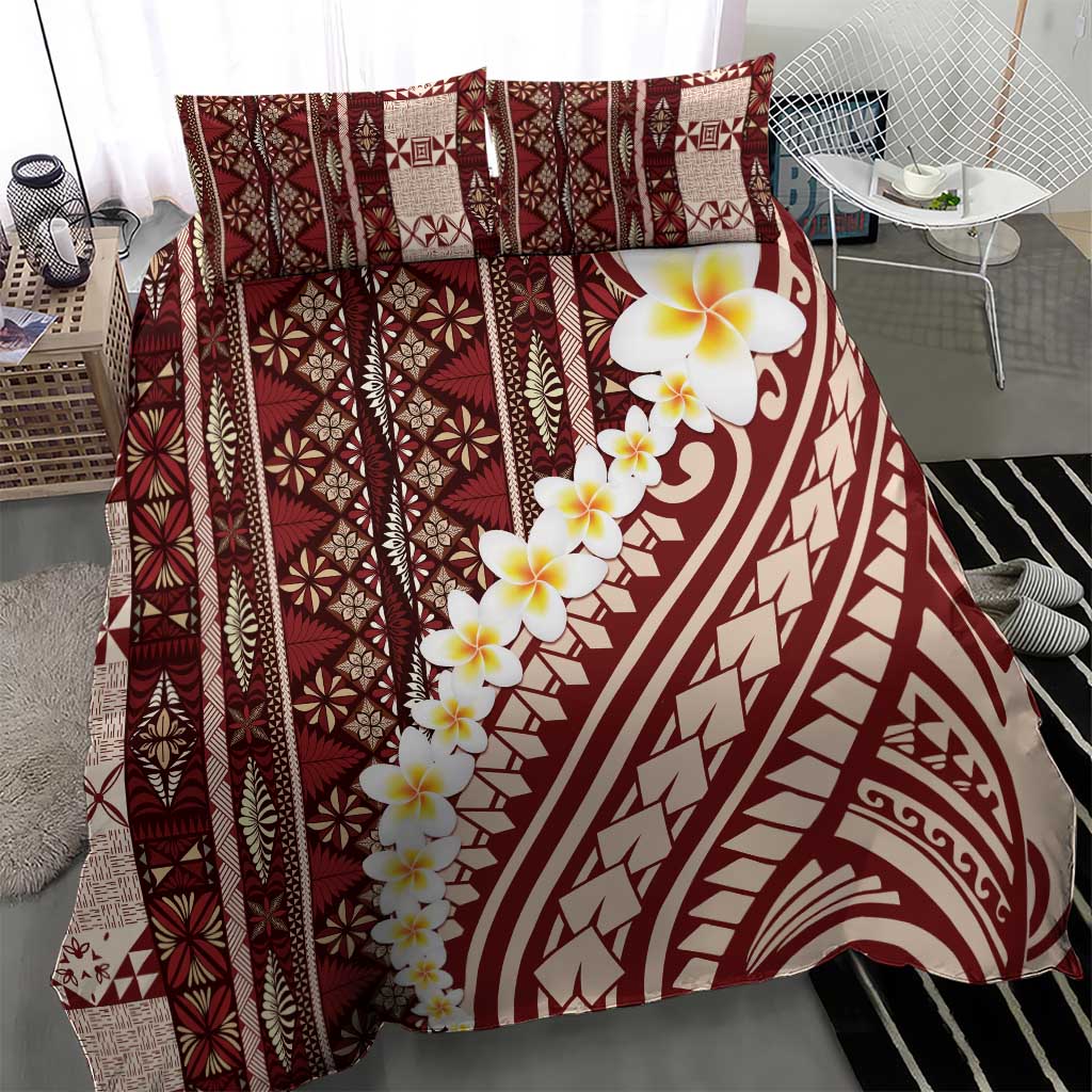 Red Vintage Tonga Ngatu Pattern With Plumeria Bedding Set - Polynesian Pride