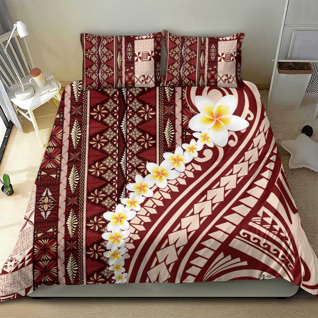 Red Vintage Tonga Ngatu Pattern With Plumeria Bedding Set - Polynesian Pride