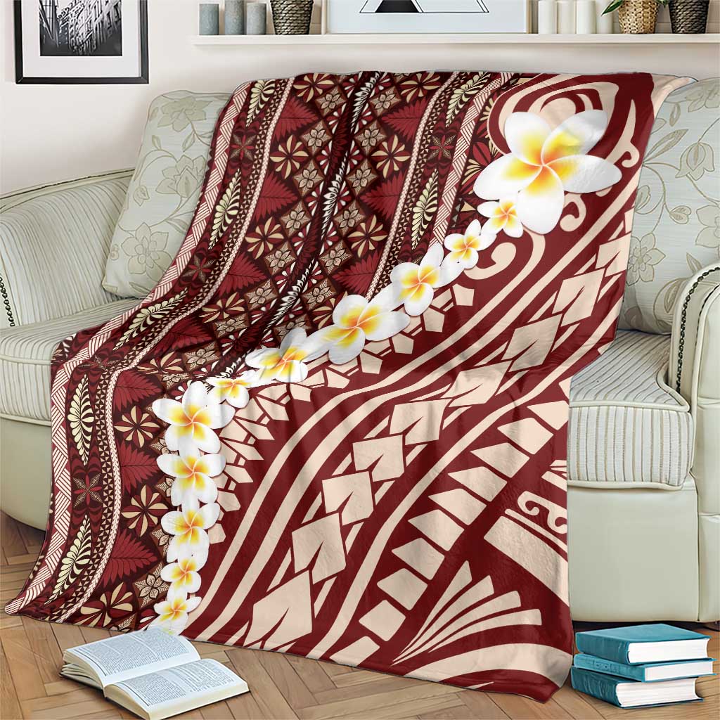 Red Vintage Tonga Ngatu Pattern With Plumeria Blanket - Polynesian Pride