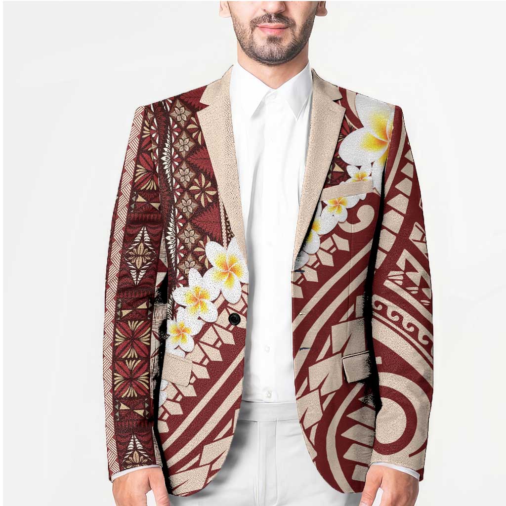 Red Vintage Tonga Ngatu Pattern With Plumeria Blazer - Polynesian Pride