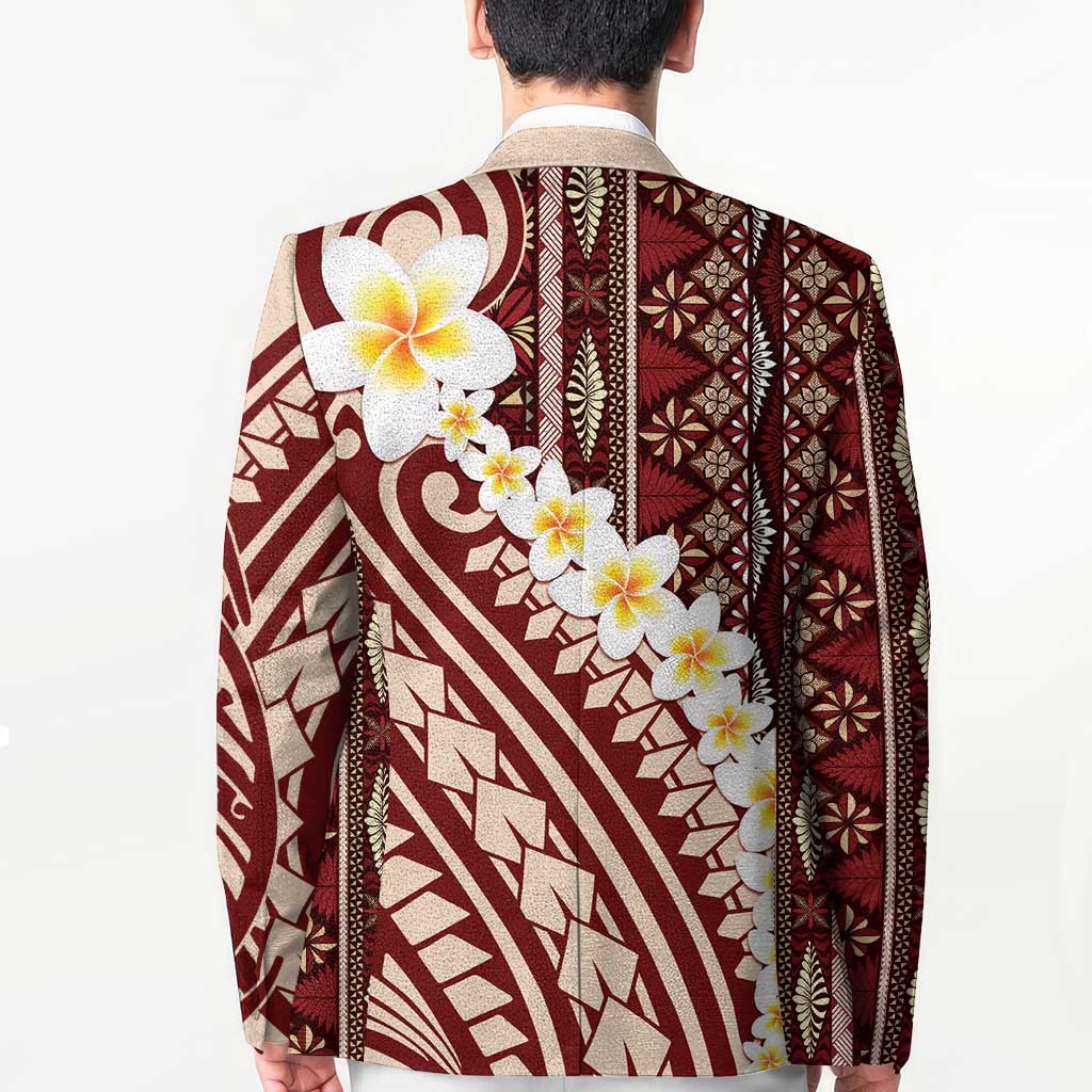 Red Vintage Tonga Ngatu Pattern With Plumeria Blazer - Polynesian Pride