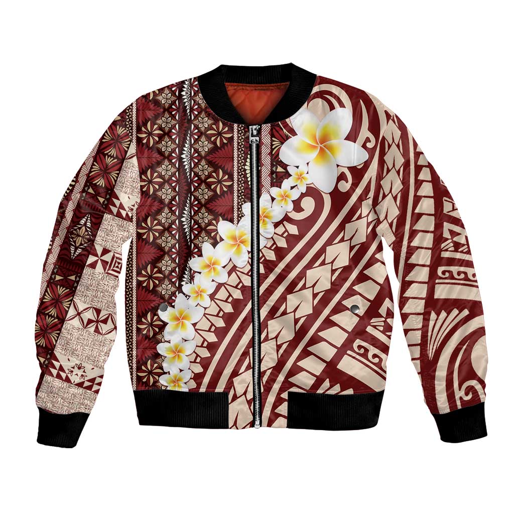 Red Vintage Tonga Ngatu Pattern With Plumeria Bomber Jacket - Polynesian Pride
