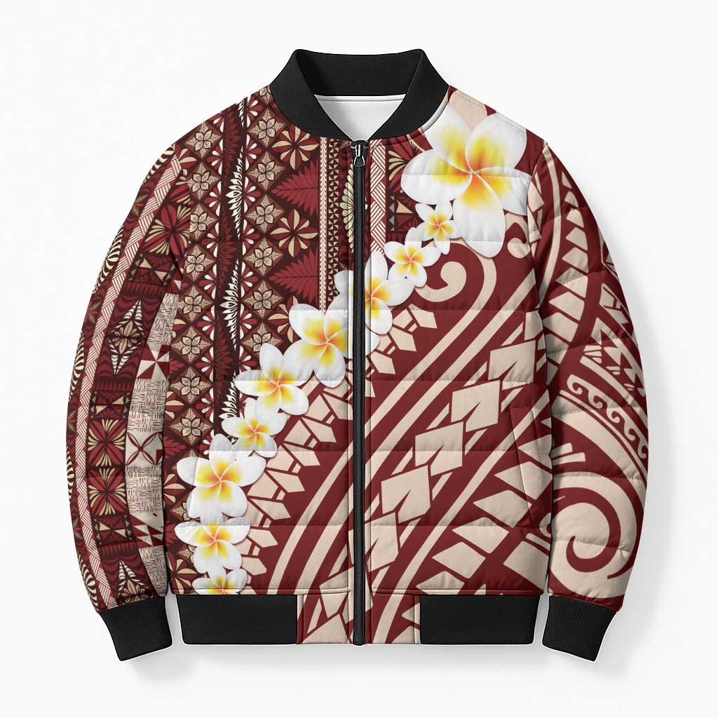 Red Vintage Tonga Ngatu Pattern With Plumeria Bomber Puffer Jacket - Polynesian Pride