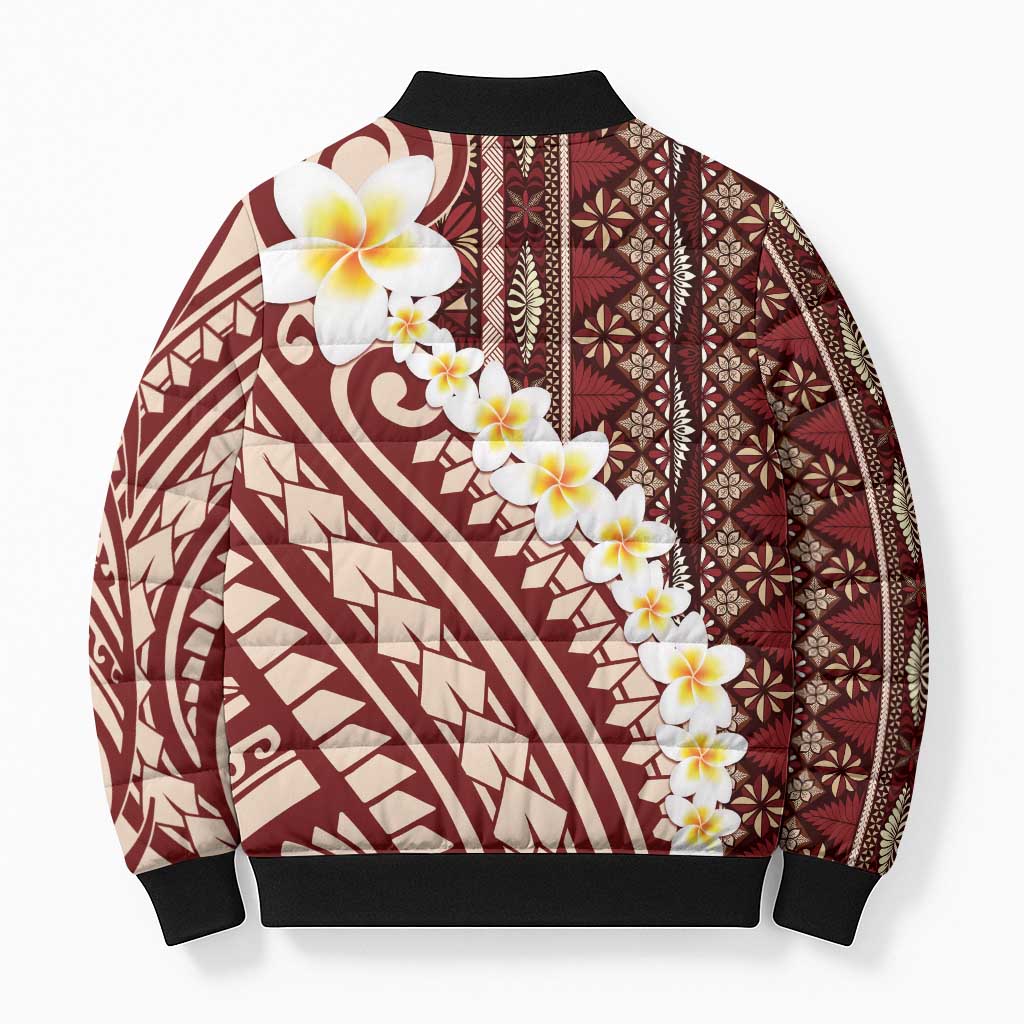 Red Vintage Tonga Ngatu Pattern With Plumeria Bomber Puffer Jacket - Polynesian Pride