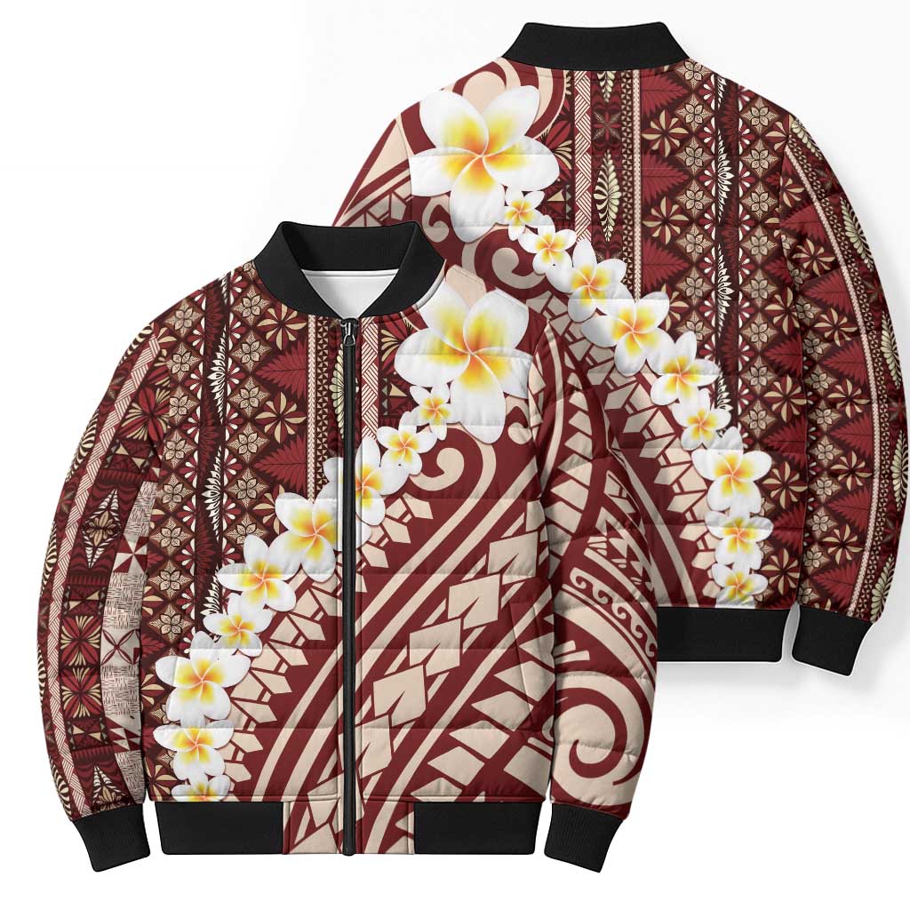 Red Vintage Tonga Ngatu Pattern With Plumeria Bomber Puffer Jacket - Polynesian Pride