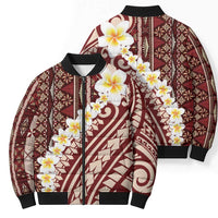 Red Vintage Tonga Ngatu Pattern With Plumeria Bomber Puffer Jacket - Polynesian Pride