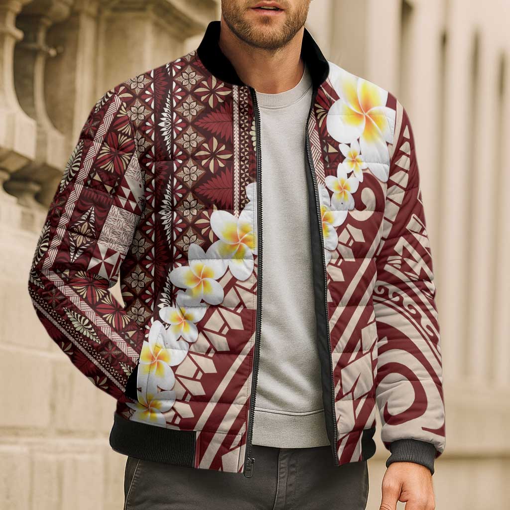 Red Vintage Tonga Ngatu Pattern With Plumeria Bomber Puffer Jacket - Polynesian Pride