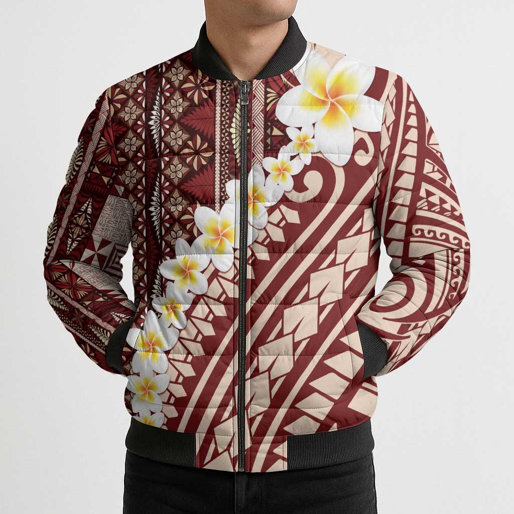Red Vintage Tonga Ngatu Pattern With Plumeria Bomber Puffer Jacket - Polynesian Pride
