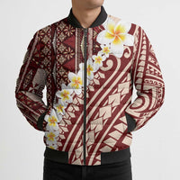 Red Vintage Tonga Ngatu Pattern With Plumeria Bomber Puffer Jacket - Polynesian Pride