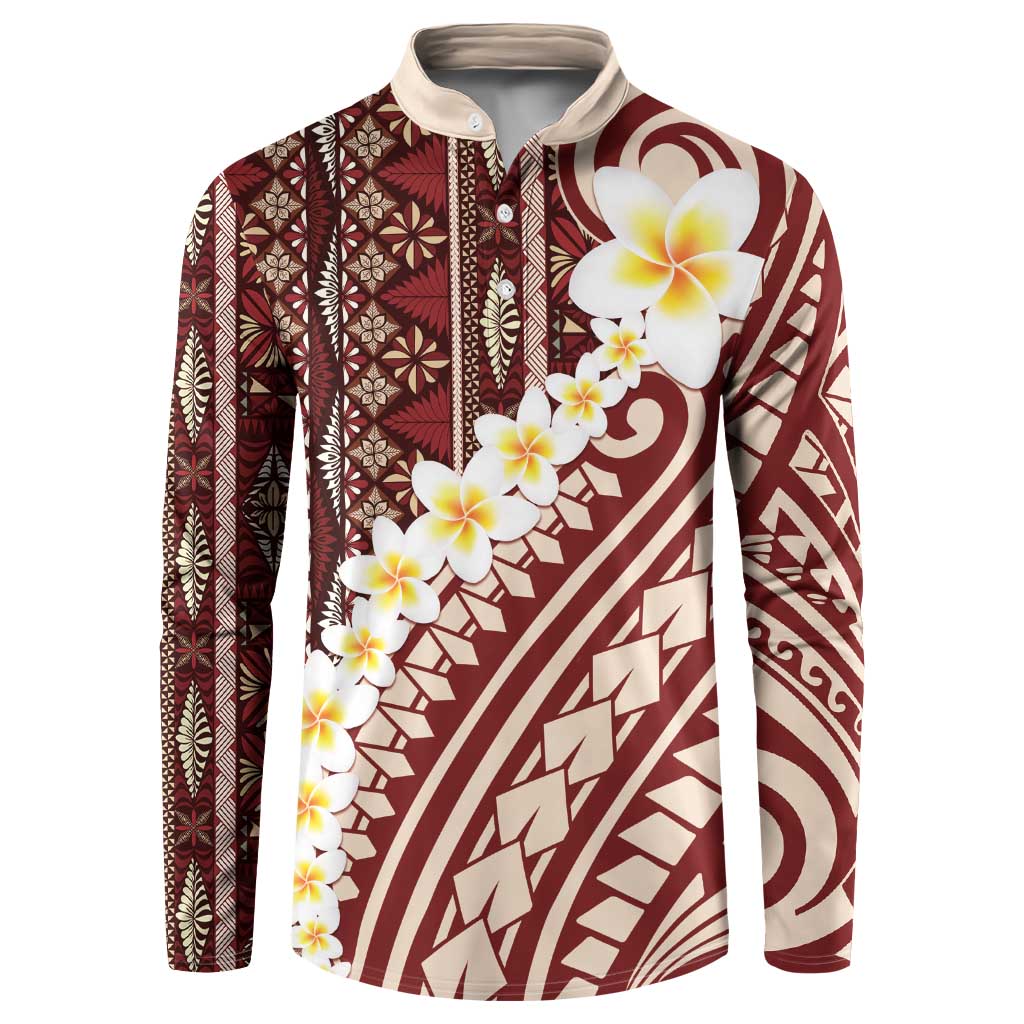 Red Vintage Tonga Ngatu Pattern With Plumeria Button Sweatshirt - Polynesian Pride
