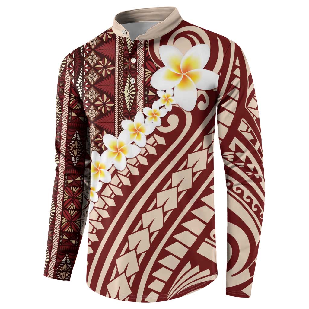 Red Vintage Tonga Ngatu Pattern With Plumeria Button Sweatshirt - Polynesian Pride