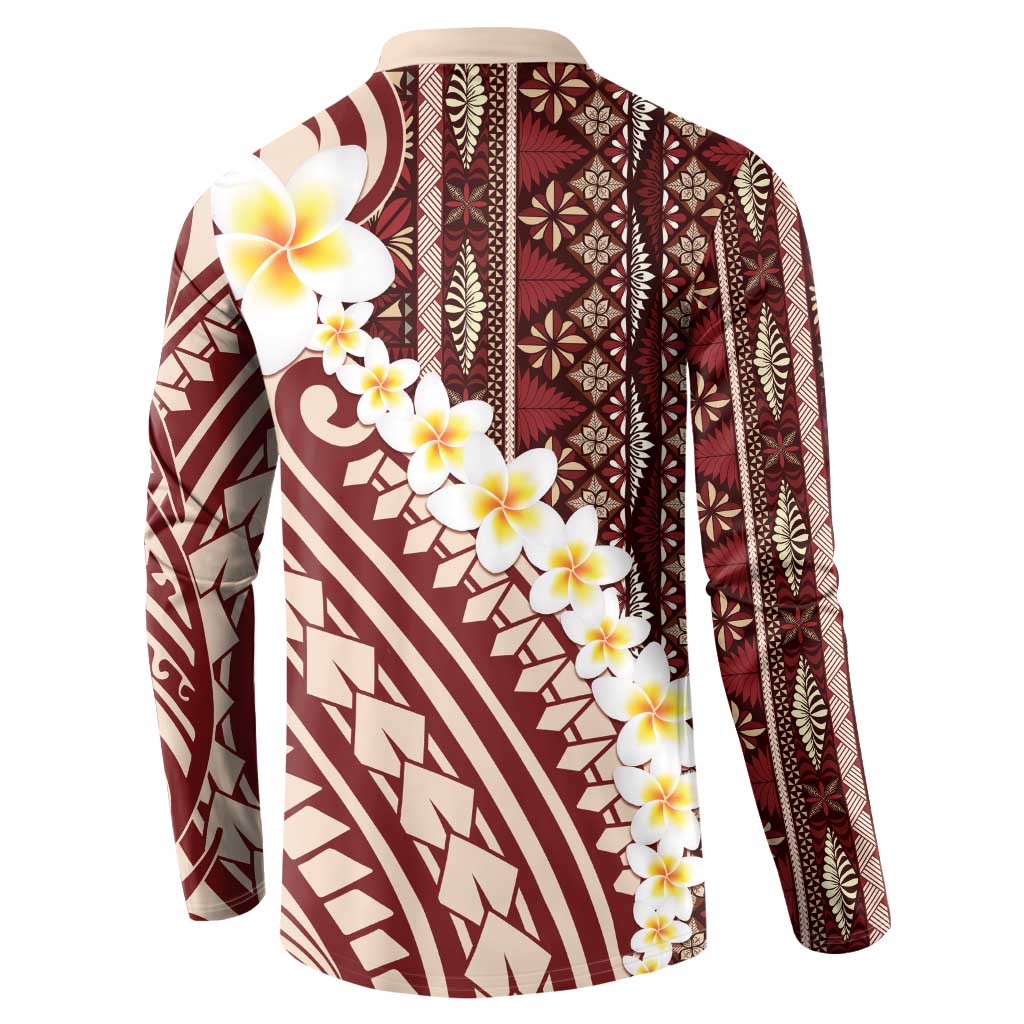Red Vintage Tonga Ngatu Pattern With Plumeria Button Sweatshirt - Polynesian Pride