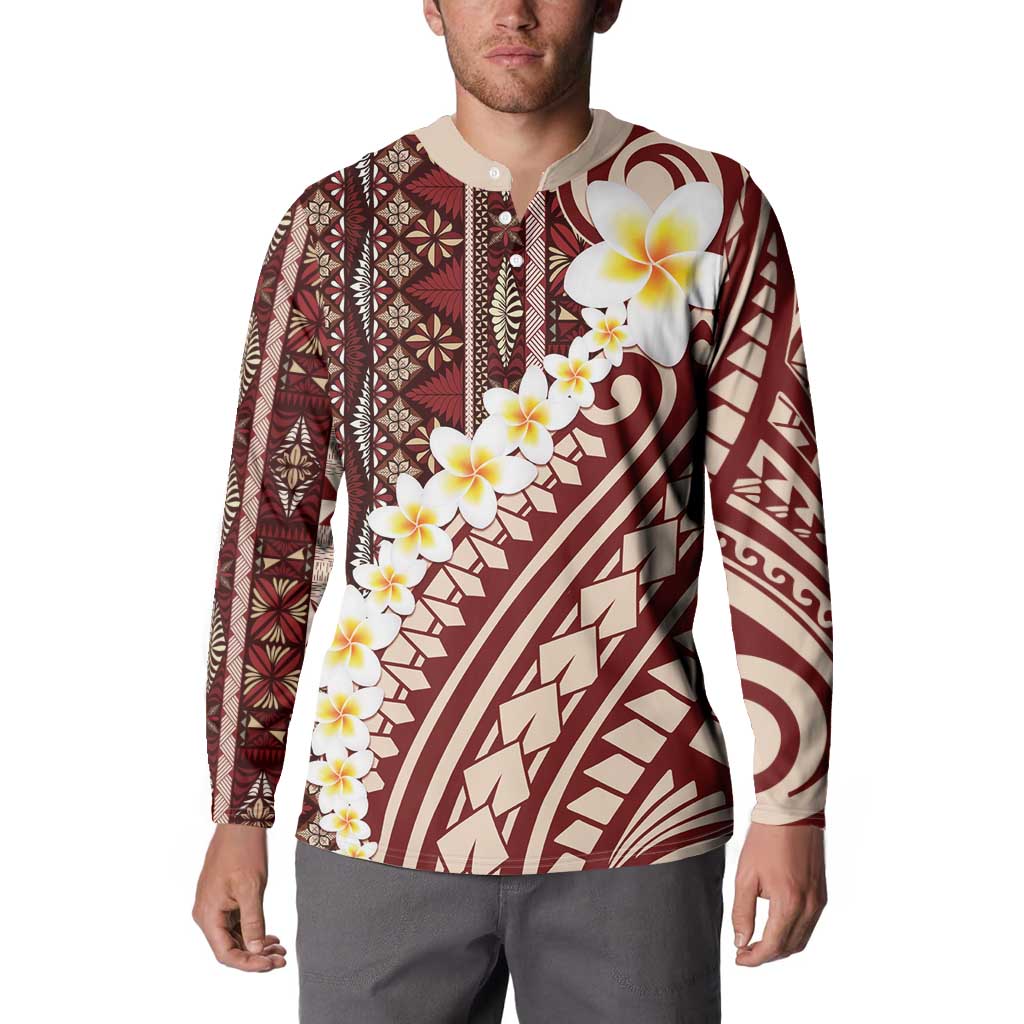 Red Vintage Tonga Ngatu Pattern With Plumeria Button Sweatshirt - Polynesian Pride