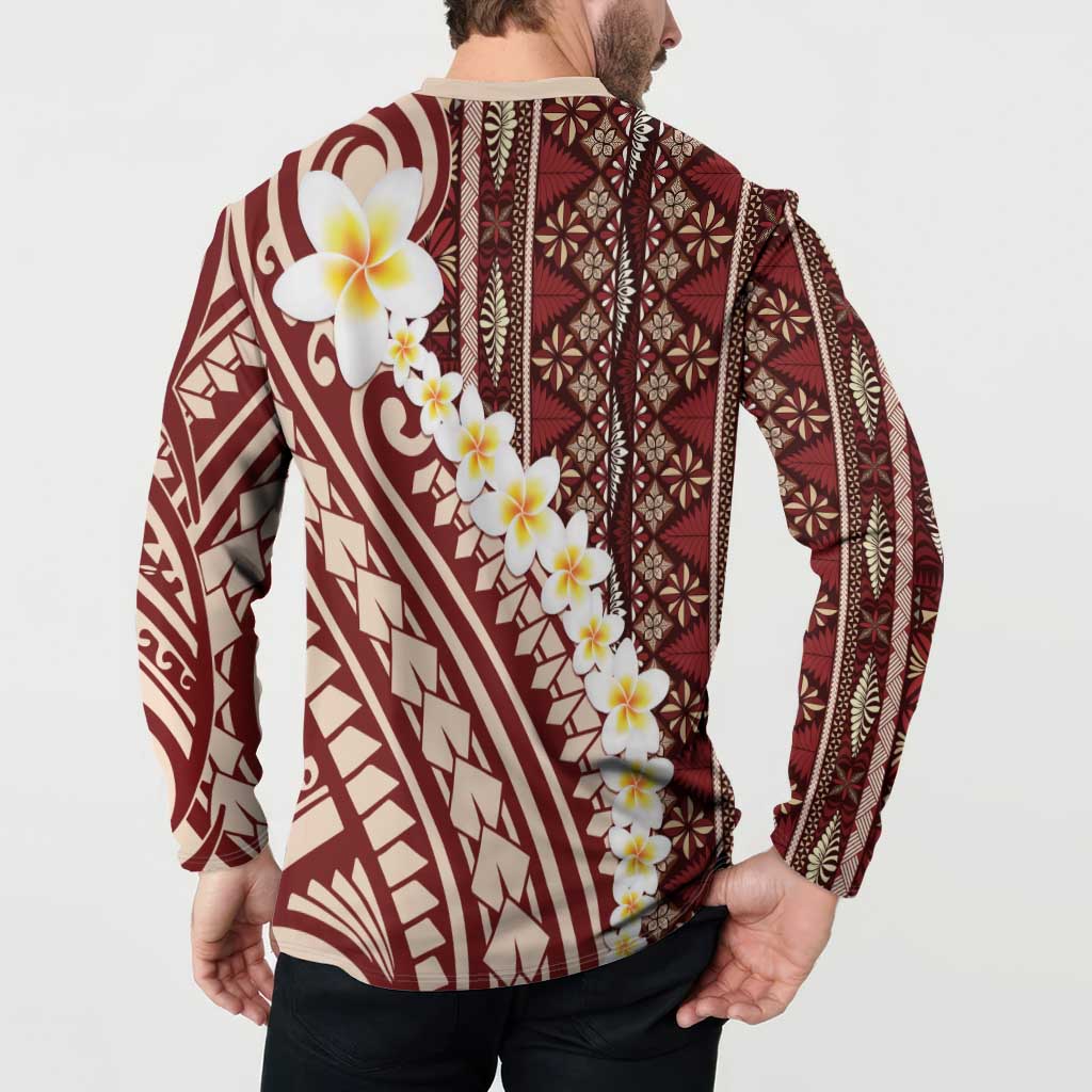 Red Vintage Tonga Ngatu Pattern With Plumeria Button Sweatshirt - Polynesian Pride