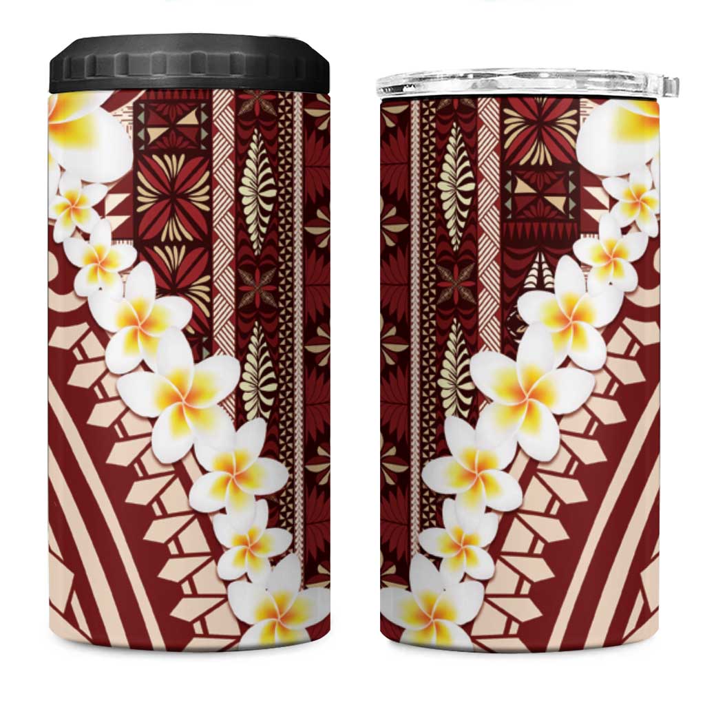 Red Vintage Tonga Ngatu Pattern With Plumeria 4 in 1 Can Cooler Tumbler - Polynesian Pride