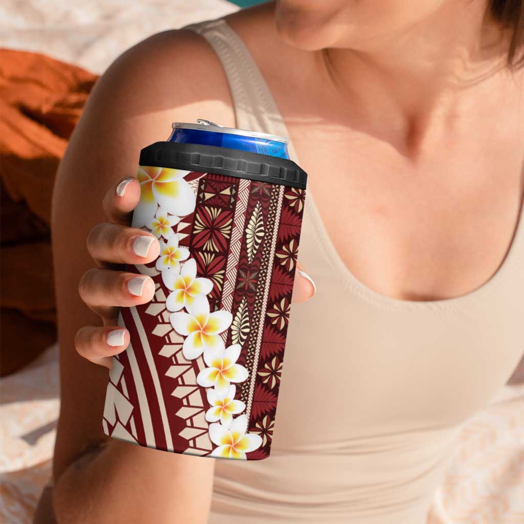 Red Vintage Tonga Ngatu Pattern With Plumeria 4 in 1 Can Cooler Tumbler - Polynesian Pride