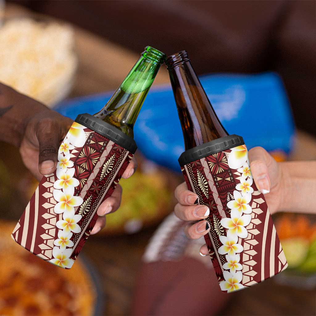 Red Vintage Tonga Ngatu Pattern With Plumeria 4 in 1 Can Cooler Tumbler - Polynesian Pride