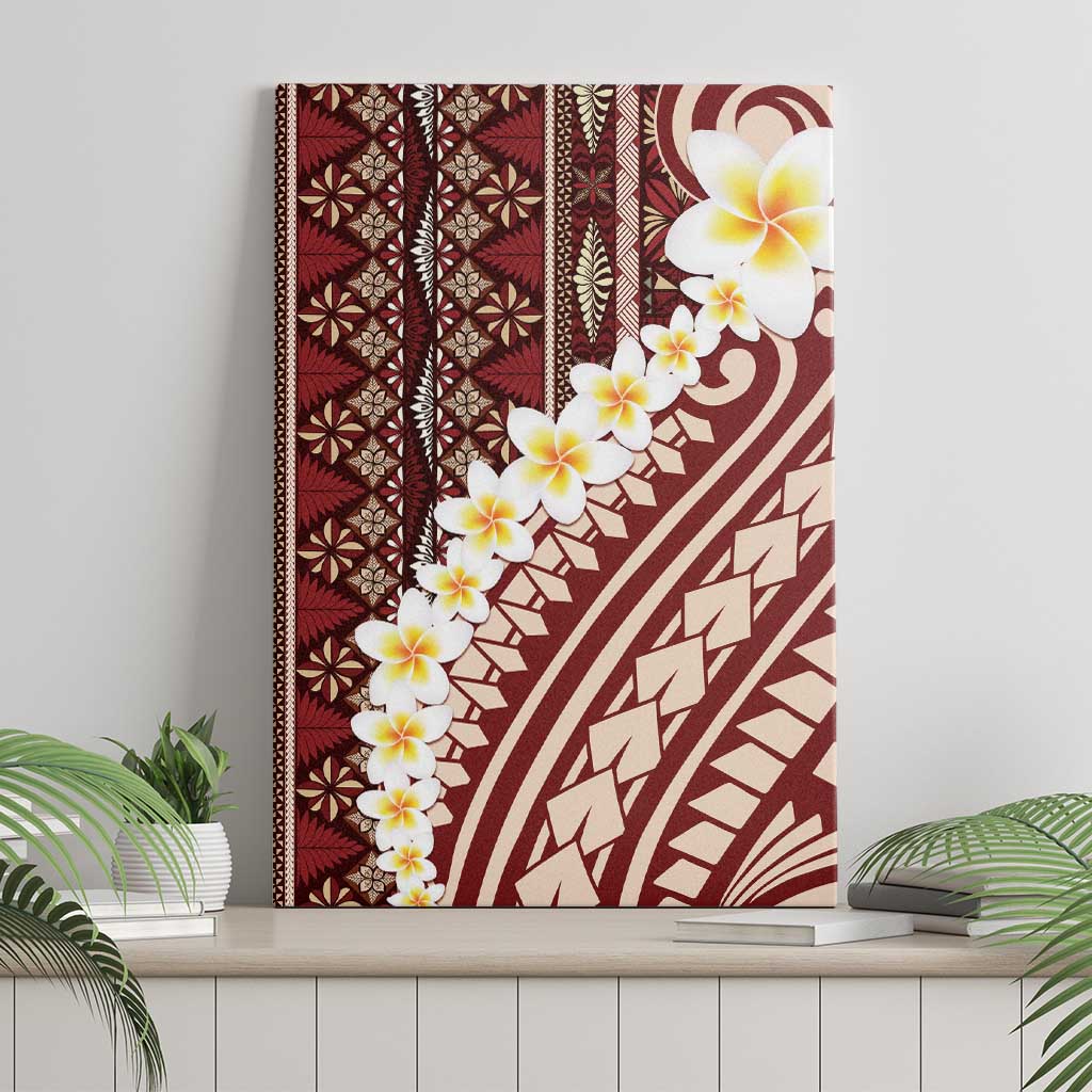 Red Vintage Tonga Ngatu Pattern With Plumeria Canvas Wall Art - Polynesian Pride